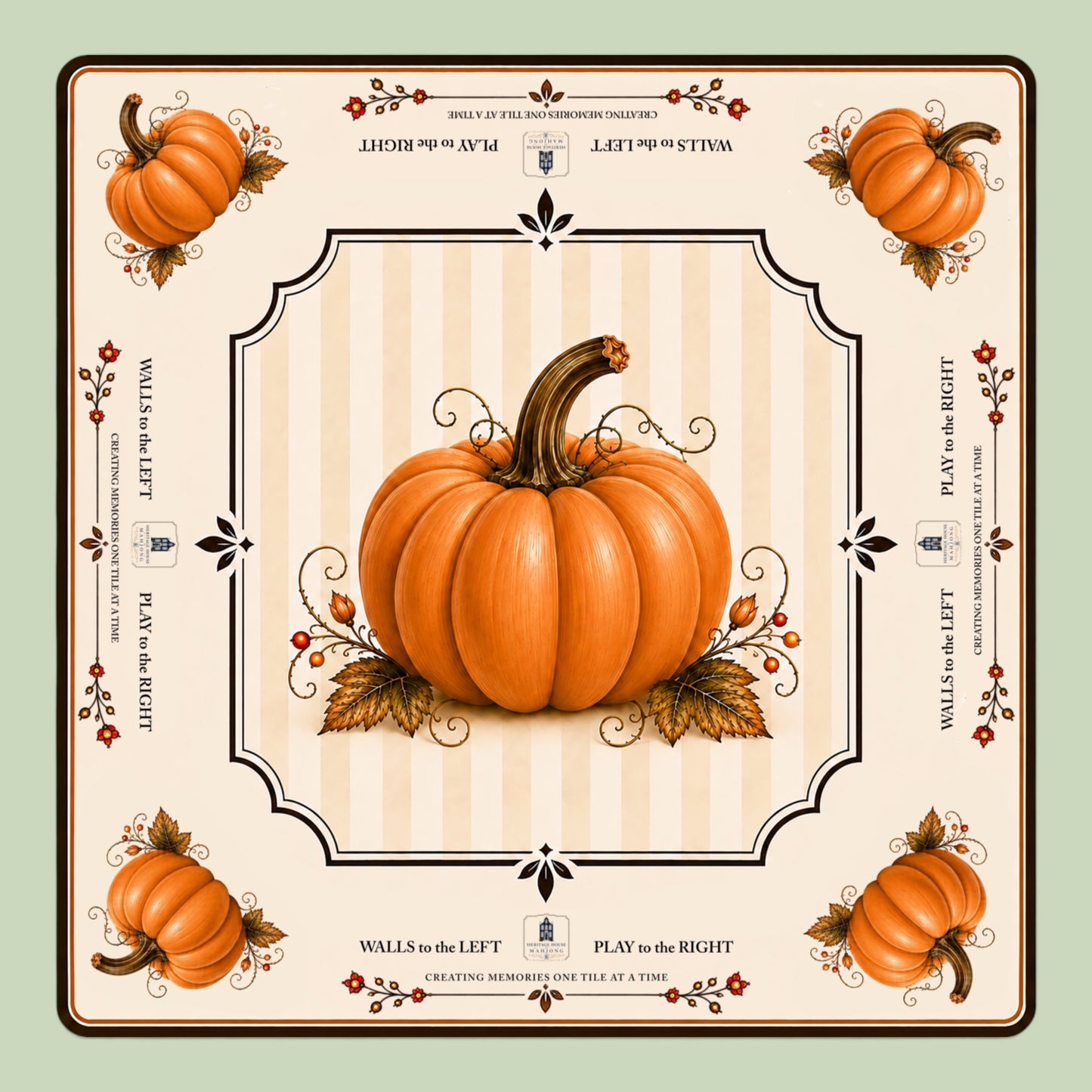 A square decorative print featuring a large orange pumpkin in the center, with smaller pumpkins in the corners, striped cream and beige background panels, ornate black scrollwork, and decorative text around the border.